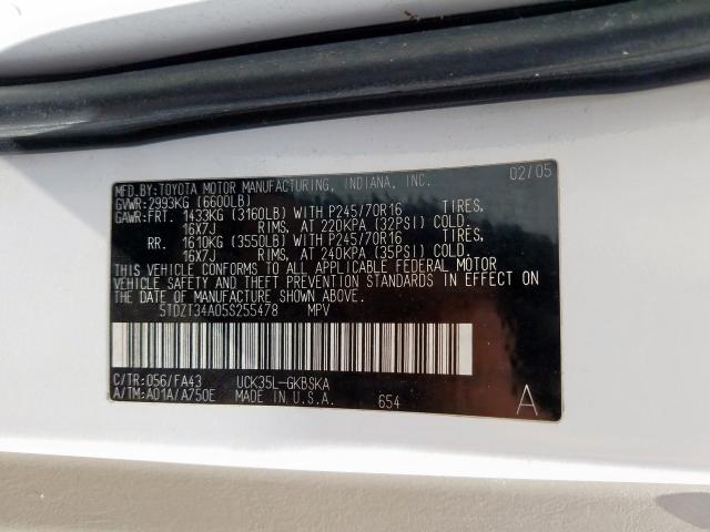 5TDZT34A05S255478 - 2005 TOYOTA SEQUOIA SR5  photo 10