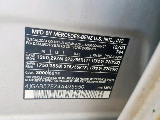 4JGAB57E74A495550 - 2004 MERCEDES-BENZ ML 350 GRAY photo 10