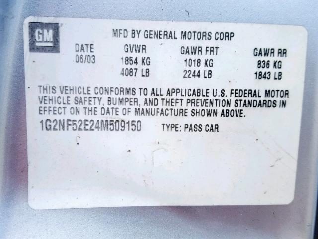 1G2NF52E24M509150 - 2004 PONTIAC GRAND AM S SILVER photo 10