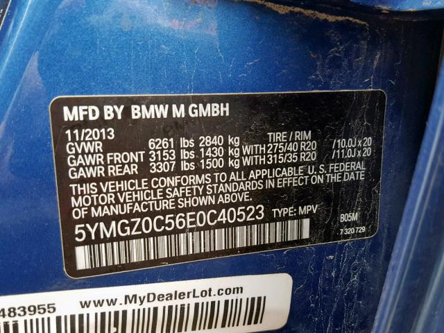 5YMGZ0C56E0C40523 - 2014 BMW X6 M BLUE photo 10