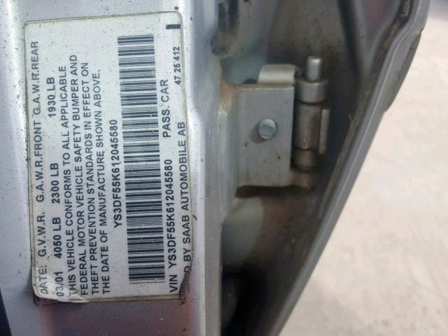 YS3DF55K612045580 - 2001 SAAB 9-3 SE SILVER photo 10