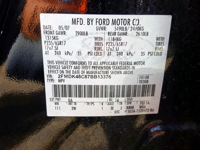 2FMDK48C87BB13376 - 2007 FORD EDGE SEL BLACK photo 10