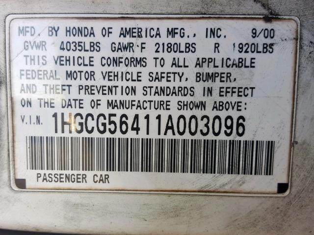 1HGCG56411A003096 - 2001 HONDA ACCORD LX WHITE photo 10