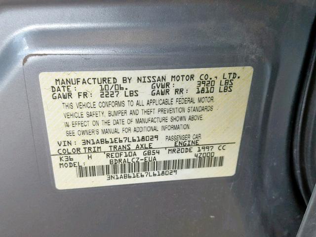 3N1AB61E67L618029 - 2007 NISSAN SENTRA 2.0 GRAY photo 10