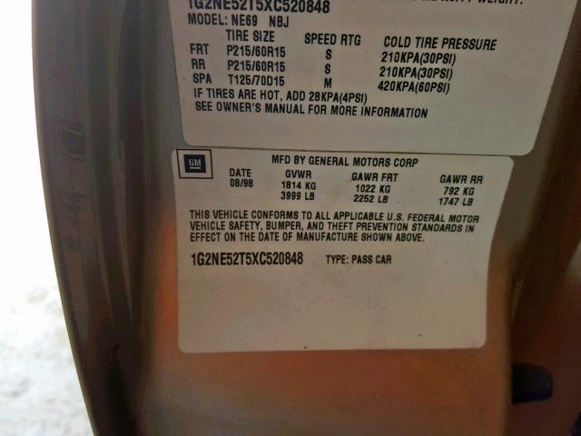 1G2NE52T5XC520848 - 1999 PONTIAC GRAND AM S GOLD photo 10