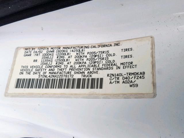 5TENL42NX2Z078172 - 2002 TOYOTA TACOMA BLACK photo 10