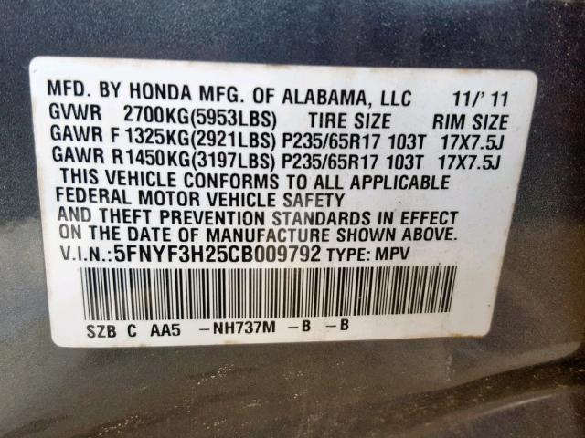 5FNYF3H25CB009792 - 2012 HONDA PILOT LX GRAY photo 10