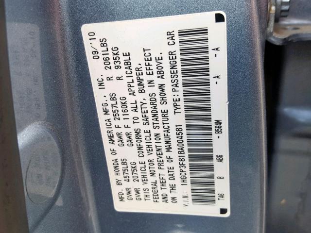 1HGCP3F81BA004581 - 2011 HONDA ACCORD EXL BLUE photo 10