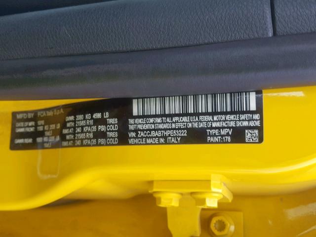 ZACCJBAB7HPE53222 - 2017 JEEP RENEGADE S YELLOW photo 10