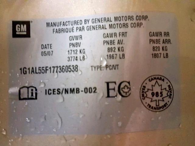 1G1AL55F177360538 - 2007 CHEVROLET COBALT LT TAN photo 10