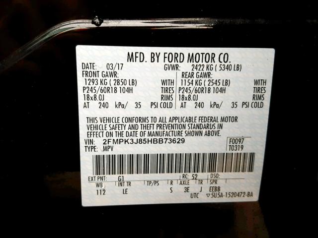 2FMPK3J85HBB73629 - 2017 FORD EDGE SEL BLACK photo 10