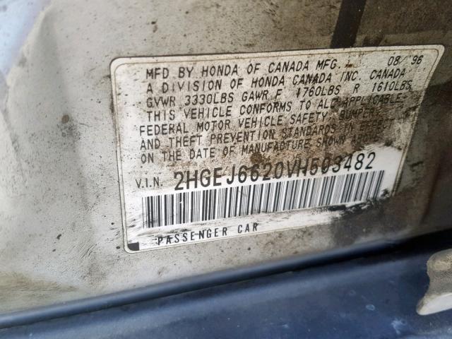 2HGEJ6620VH503482 - 1997 HONDA CIVIC DX SILVER photo 10