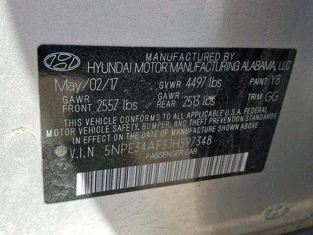 5NPE34AF3JH597348 - 2018 HYUNDAI SONATA SPO SILVER photo 10