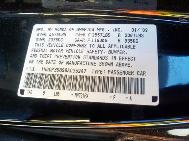 1HGCP36899A035247 - 2009 HONDA ACCORD EXL  photo 10