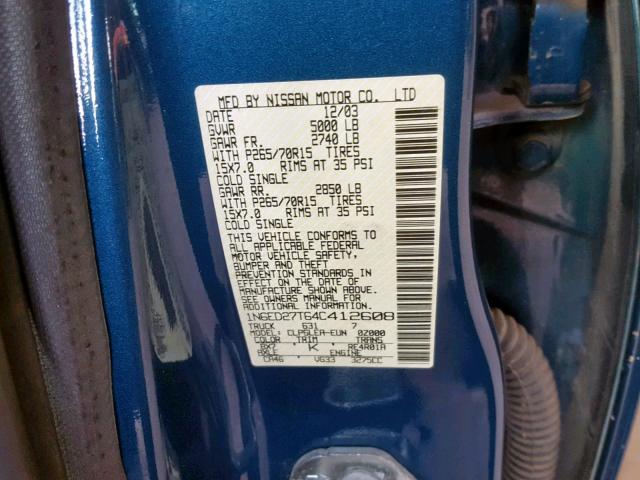 1N6ED27T64C412608 - 2004 NISSAN FRONTIER C BLUE photo 10