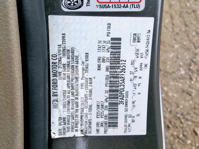 3FADP0L35AR126512 - 2010 FORD FUSION HYB GRAY photo 10