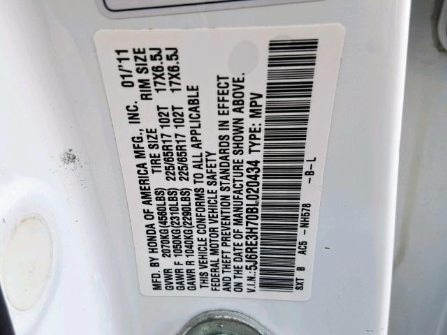 5J6RE3H70BL020434 - 2011 HONDA CR-V EXL WHITE photo 10