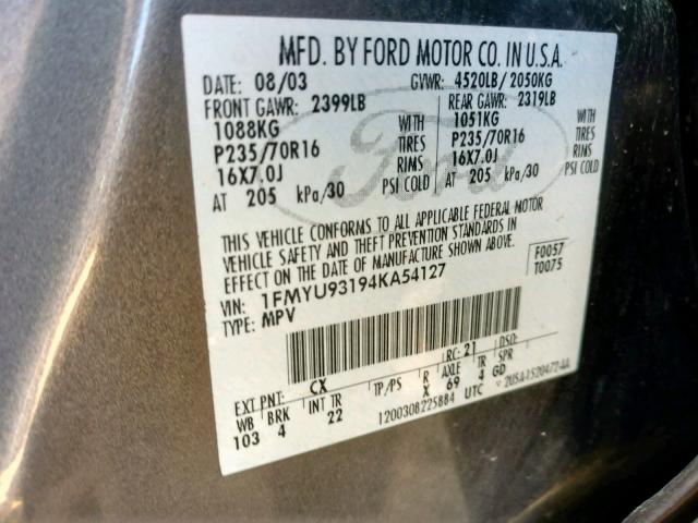 1FMYU93194KA54127 - 2004 FORD ESCAPE XLT GRAY photo 10