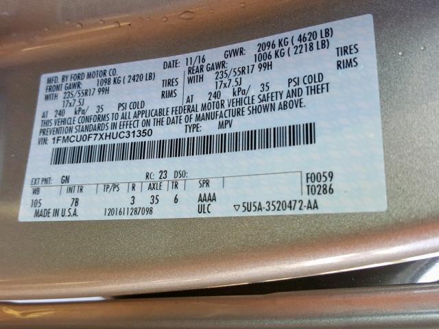 1FMCU0F7XHUC31350 - 2017 FORD ESCAPE S GOLD photo 10