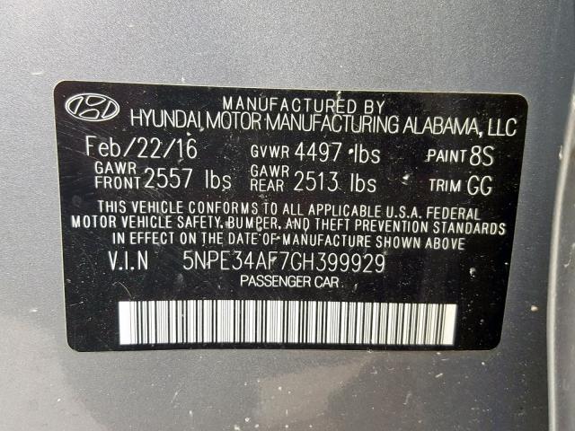 5NPE34AF7GH399929 - 2016 HYUNDAI SONATA SPO SILVER photo 10