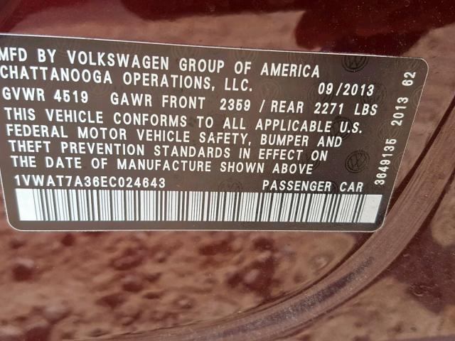 1VWAT7A36EC024643 - 2014 VOLKSWAGEN PASSAT S RED photo 9