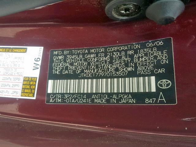 JTKDE177970153507 - 2007 TOYOTA SCION TC MAROON photo 10