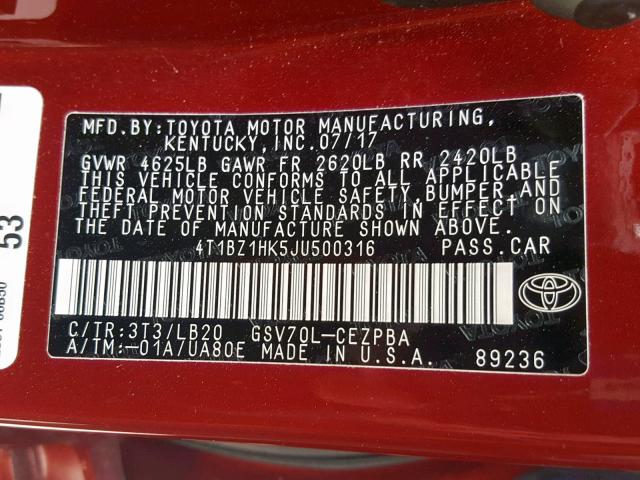 4T1BZ1HK5JU500316 - 2018 TOYOTA CAMRY XSE BURGUNDY photo 10