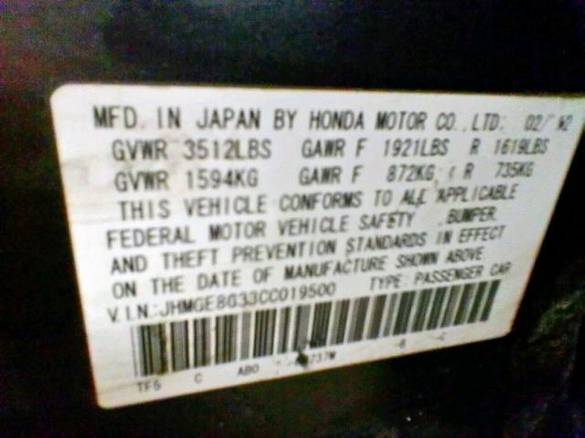 JHMGE8G33CC019500 - 2012 HONDA FIT GRAY photo 10