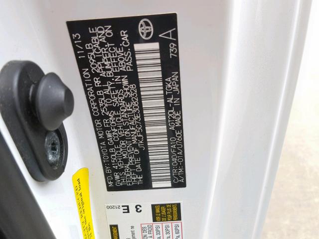 JTKJF5C73E3082328 - 2014 TOYOTA SCION TC თეთრი ფოტო 10