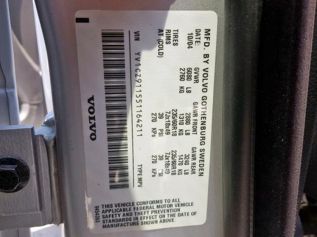 YV1CZ911551164211 - 2005 VOLVO XC90 T6 SILVER photo 10