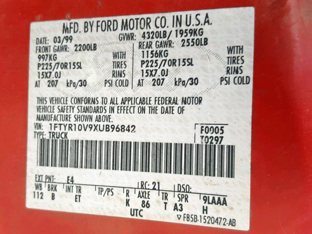 1FTYR10V9XUB96842 - 1999 FORD RANGER RED photo 10