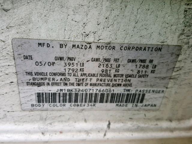 JM1BK324071766061 - 2007 MAZDA 3 S WHITE photo 10