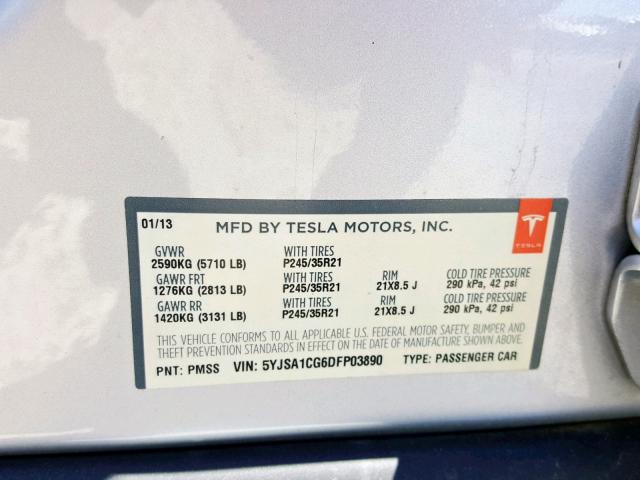 5YJSA1CG6DFP03890 - 2013 TESLA MODEL S Արծաթագույն լուսանկար 10