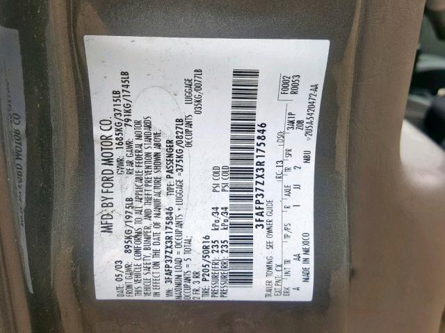 3FAFP37ZX3R175846 - 2003 FORD FOCUS ZX5 GRAY photo 10