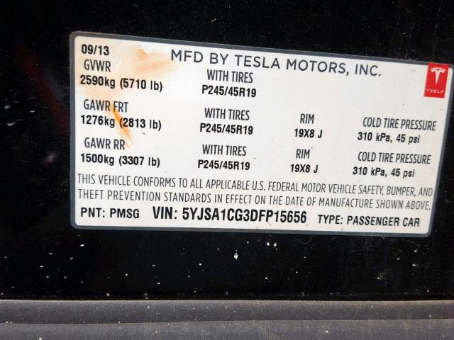 5YJSA1CG3DFP15656 - 2013 TESLA MODEL S Սև լուսանկար 10