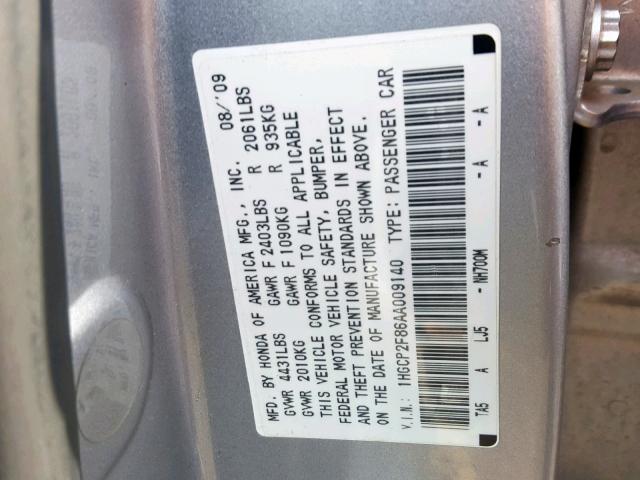 1HGCP2F86AA009140 - 2010 HONDA ACCORD EXL SILVER photo 10