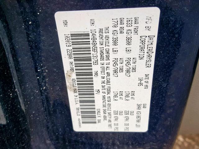 1D4HB48N56F131793 - 2006 DODGE DURANGO SL BLUE photo 10