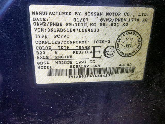 3N1AB61E47L664233 - 2007 NISSAN SENTRA 2.0 BLUE photo 10