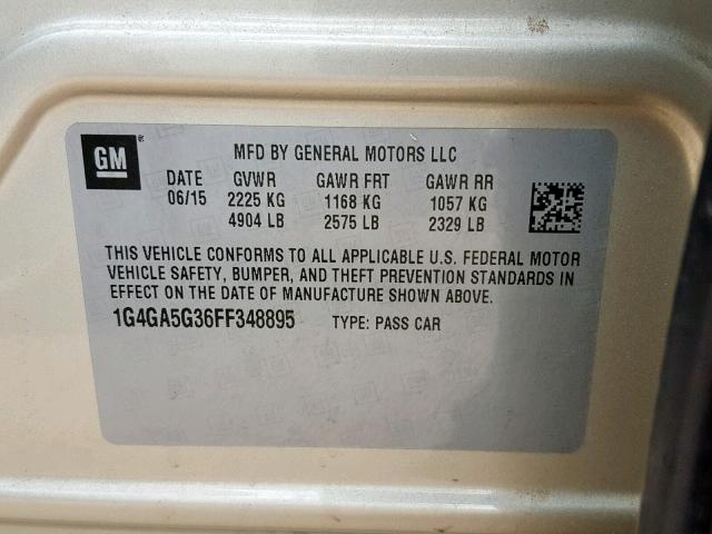 1G4GA5G36FF348895 - 2015 BUICK LACROSSE GOLD photo 10