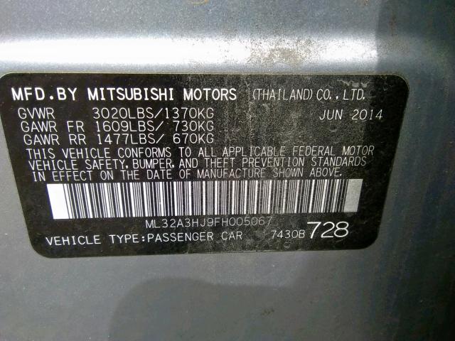 ML32A3HJ9FH005067 - 2015 MITSUBISHI MIRAGE DE SILVER photo 10