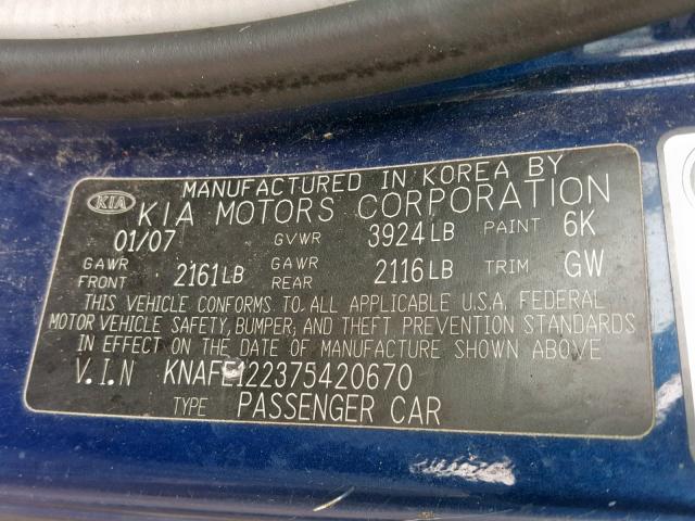 KNAFE122375420670 - 2007 KIA SPECTRA EX BLUE photo 10