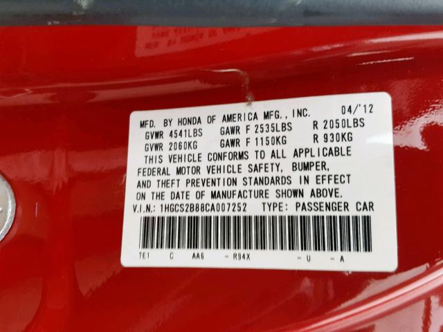 1HGCS2B88CA007252 - 2012 HONDA ACCORD EXL RED photo 10