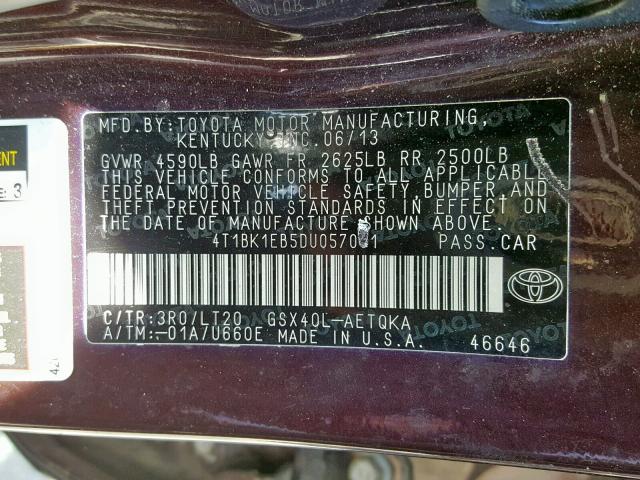 4T1BK1EB5DU057081 - 2013 TOYOTA AVALON BAS MAROON photo 10