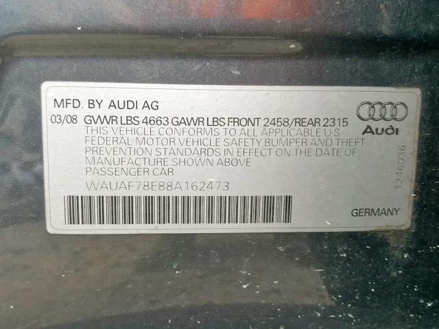 WAUAF78E88A162473 - 2008 AUDI A4 2.0T GRAY photo 10