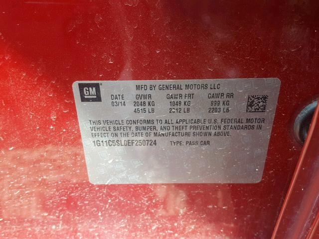 1G11C5SL0EF250724 - 2014 CHEVROLET MALIBU 1LT 红色 照片 10