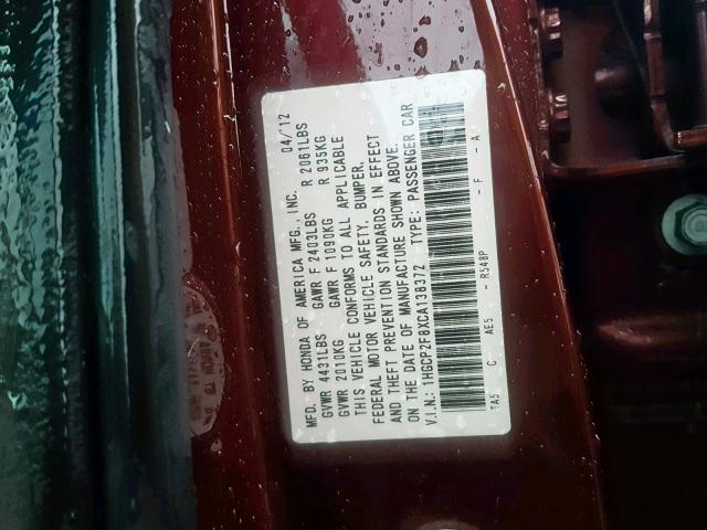 1HGCP2F8XCA138372 - 2012 HONDA ACCORD EXL BURGUNDY photo 10