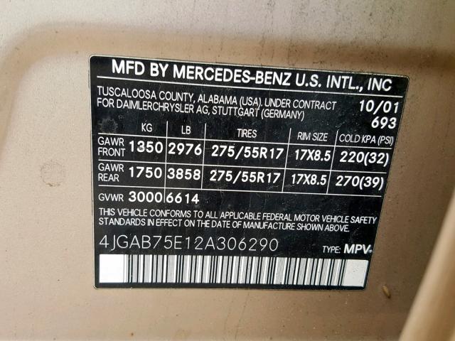 4JGAB75E12A306290 - 2002 MERCEDES-BENZ ML 500 GOLD photo 10