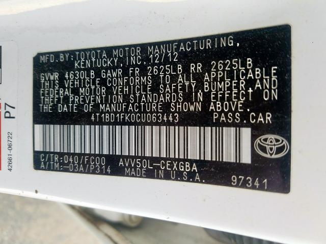 4T1BD1FK0CU063443 - 2012 TOYOTA CAMRY HYBRID  photo 10