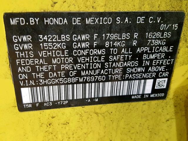 3HGGK5G88FM769760 - 2015 HONDA FIT EX YELLOW photo 10