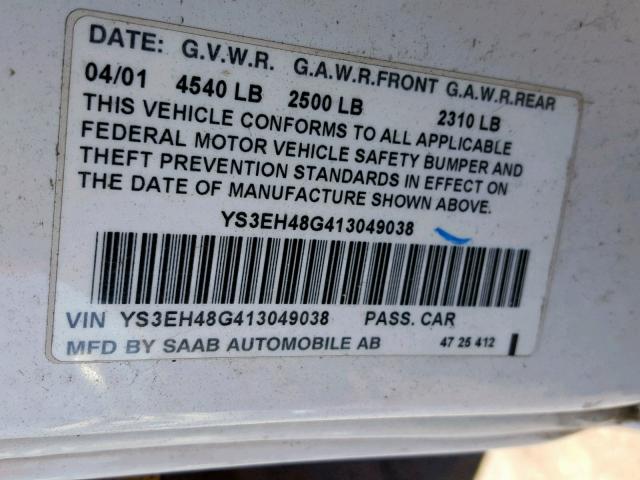 YS3EH48G413049038 - 2001 SAAB 9-5 AERO WHITE photo 10